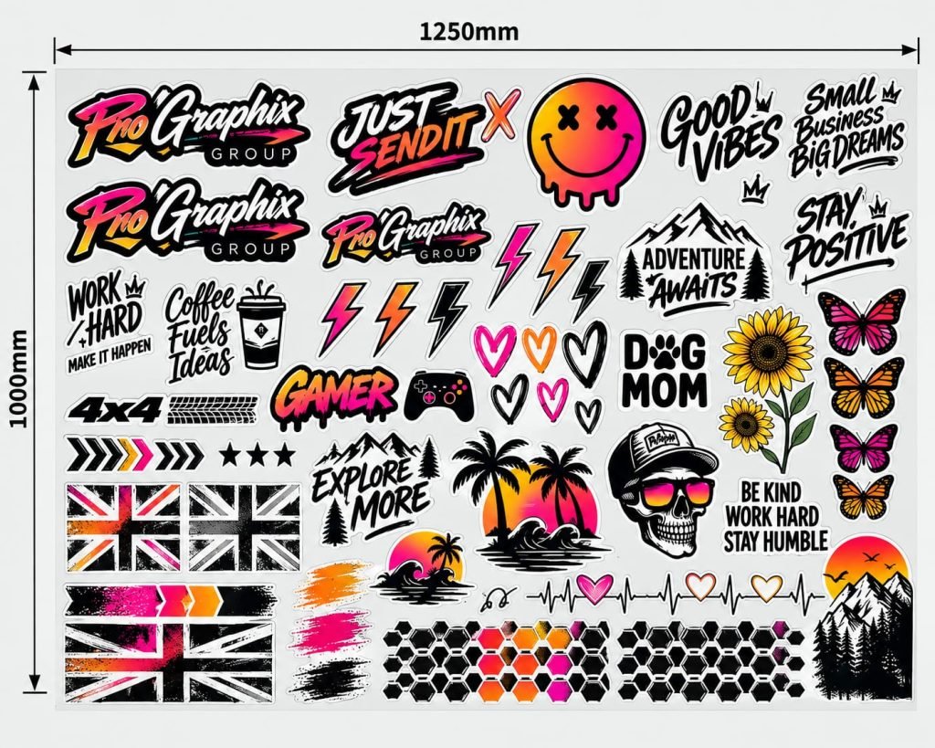 A full DTF gang sheet packed with sticker designs