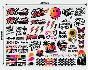 A full DTF gang sheet packed with sticker designs